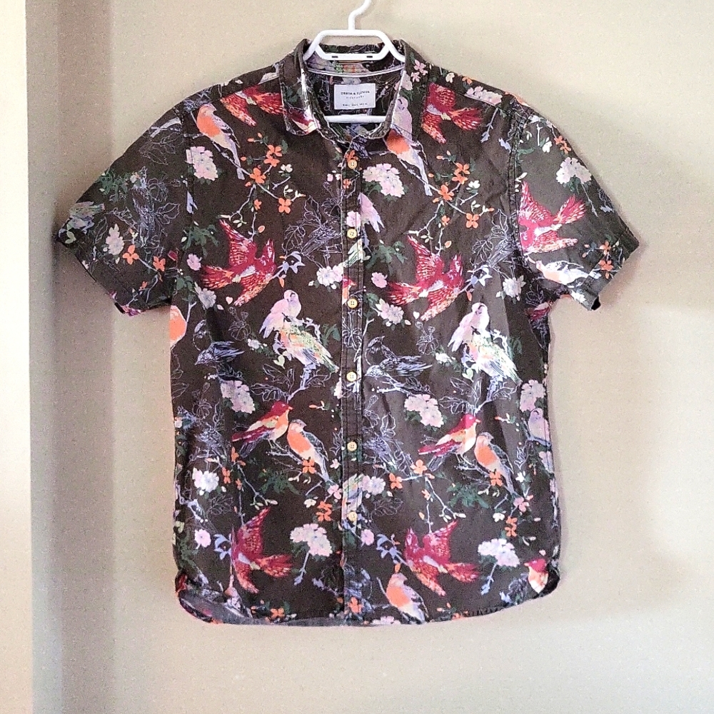 Denim and Flower Ricky Singh Short Sleeve Button Down Birds Men's Size Large